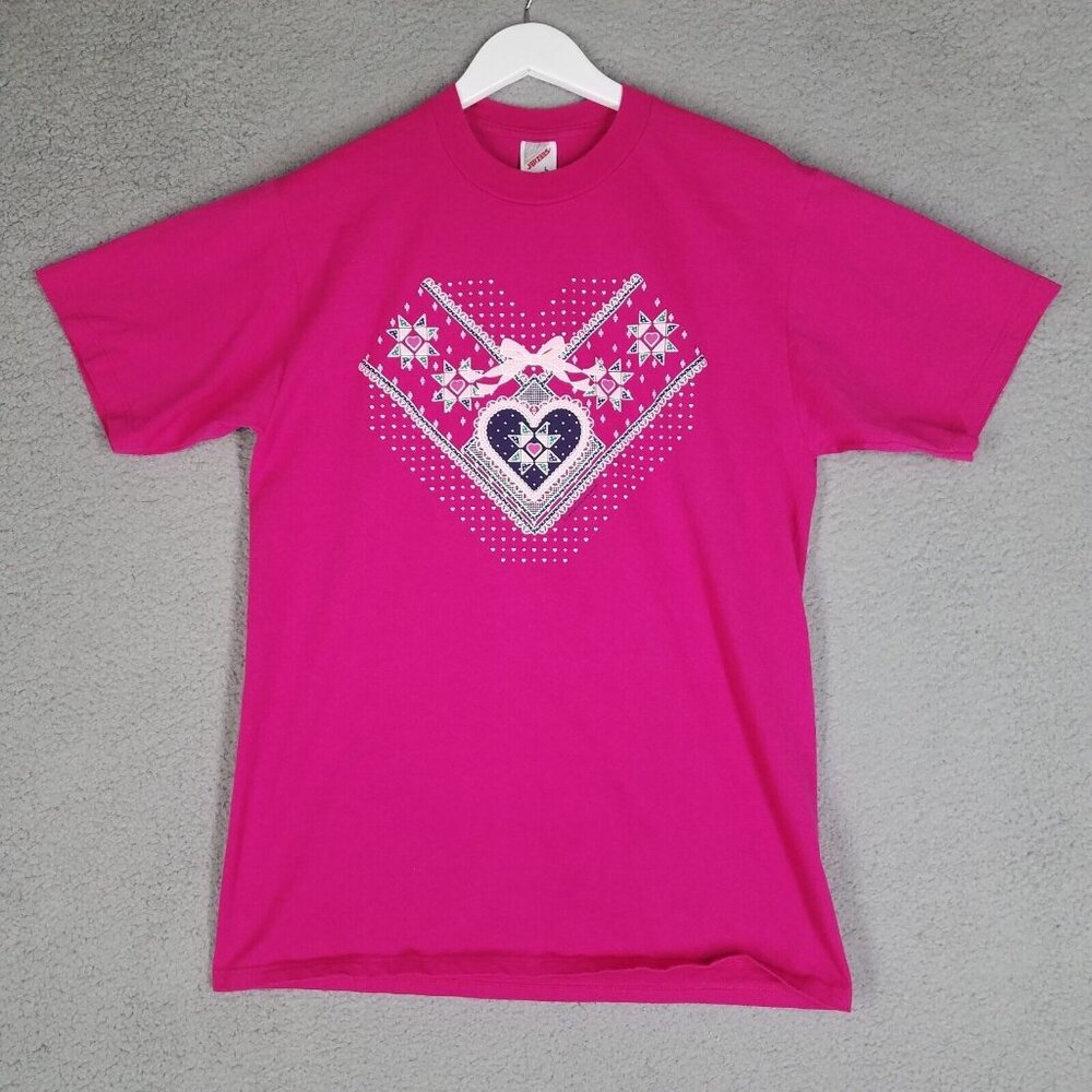 Vintage Jerzees T-Shirt Adult Large Hot Pink Hearts Bow Granny 1994 Crewneck
